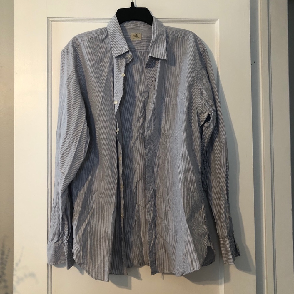 Blue and White Striped J. Crew Button Down Shirt - Large - 100% Cotton